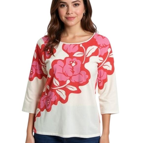 Talbots 3/4 Sleeve Tee Wmn's Plus Sx X White Red Pink Floral Boat Neck Pullover - Picture 1 of 13